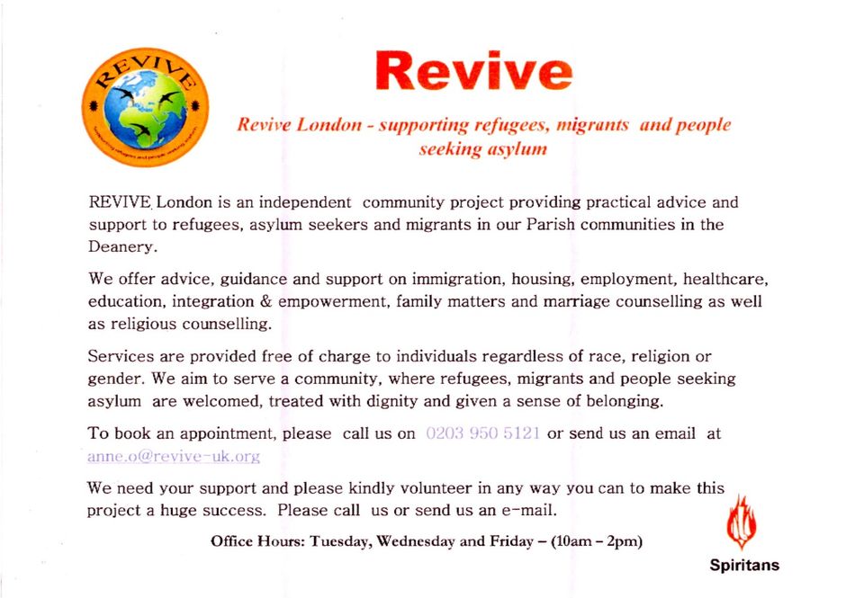 Contact 0203 950 5121 or anne.o@revive-uk.org